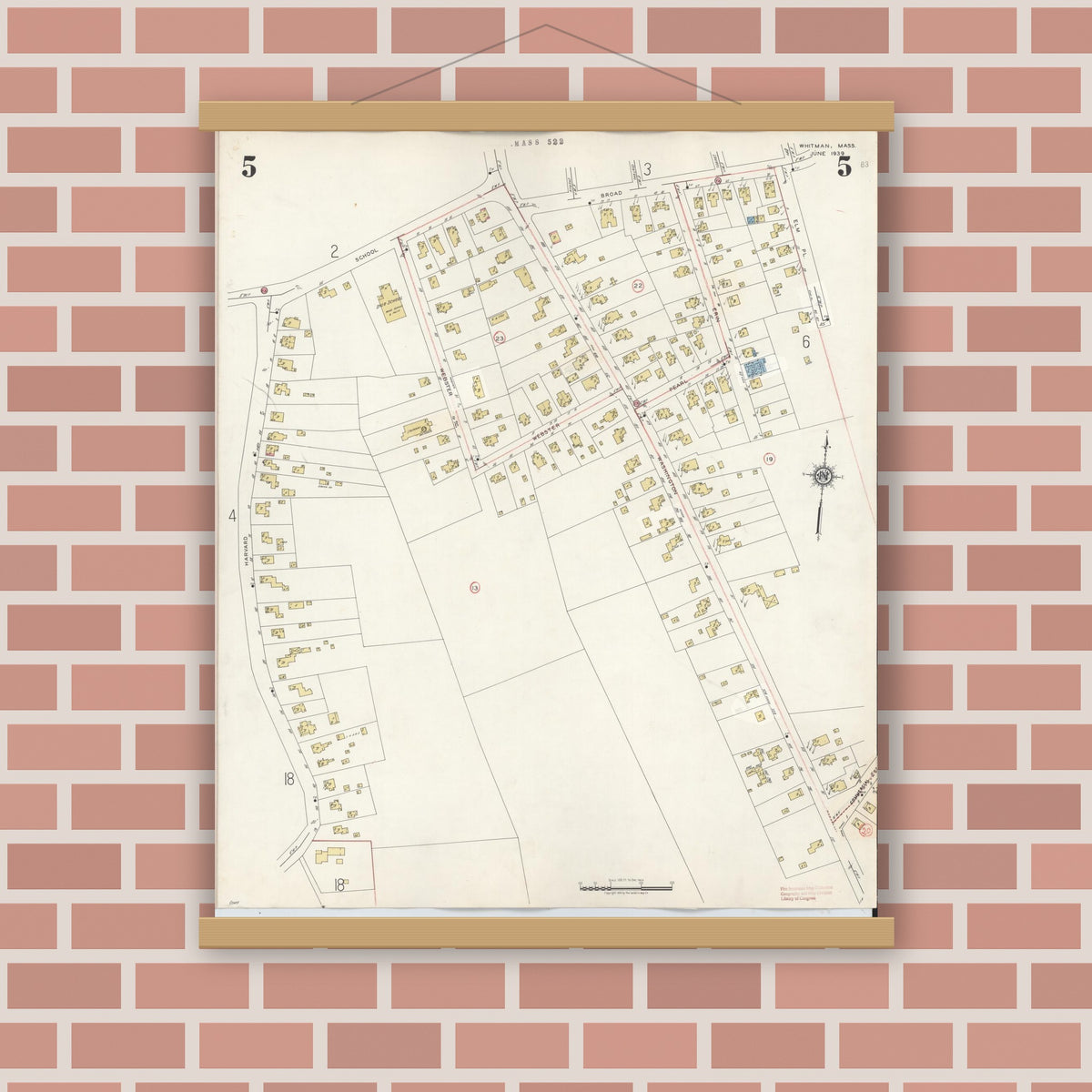Old map wall art mockup — magnetic wood frame on brick wall — Sanborn Fire Insurance Map from Whitman, Plymouth County, Massachusetts (1950), Sheet #0005