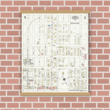 Old map wall art mockup — magnetic wood frame on brick wall — Sanborn Fire Insurance Map from San Benito, Cameron County, Texas (1925), Sheet #0005