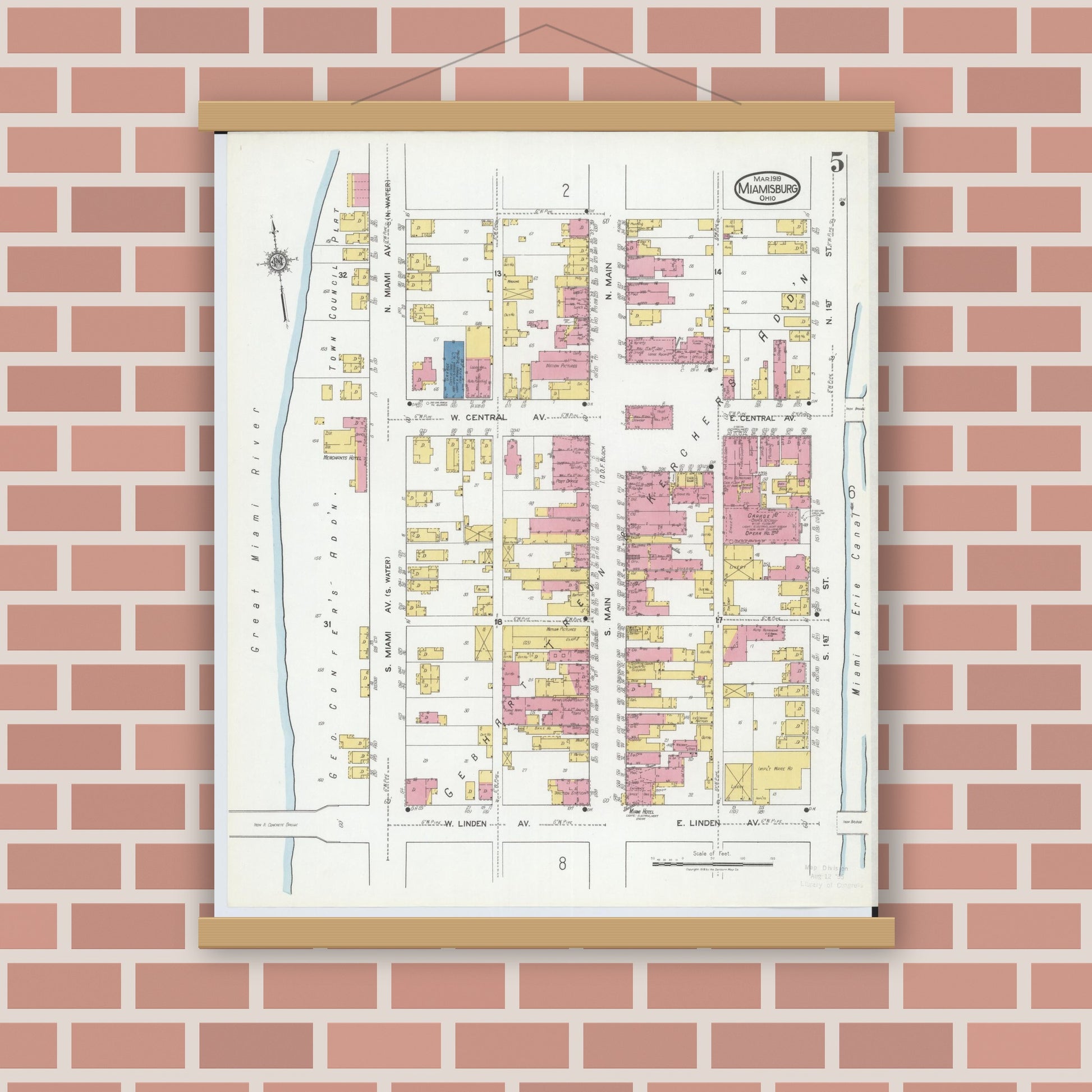 Old map wall art mockup — magnetic wood frame on brick wall — Sanborn Fire Insurance Map from Miamisburg, Montgomery County, Ohio (1919), Sheet #0005