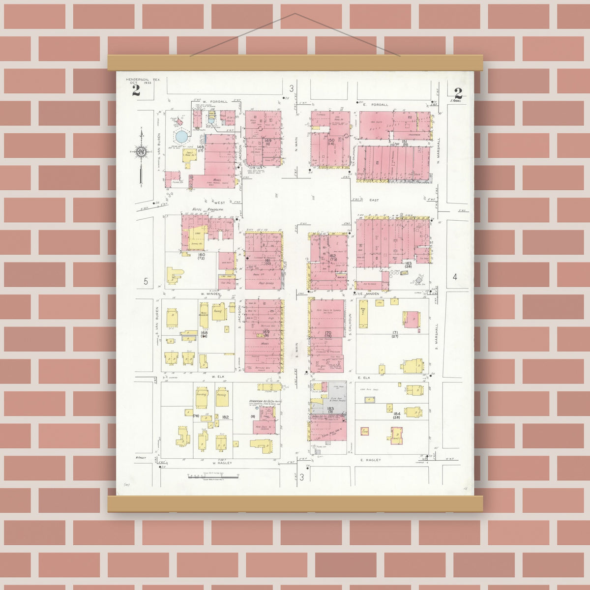 Old map wall art mockup — magnetic wood frame on brick wall — Sanborn Fire Insurance Map from Henderson, Rusk County, Texas (1933), Sheet #0002