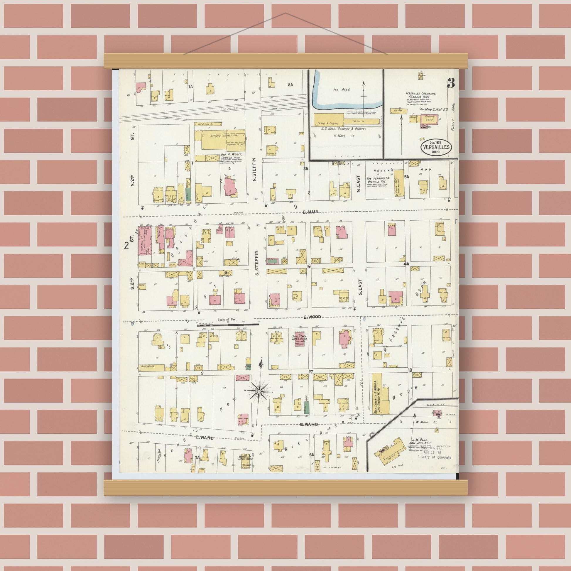 Old map wall art mockup — magnetic wood frame on brick wall — Sanborn Fire Insurance Map from Versailles, Darke County, Ohio (1902), Sheet #0003