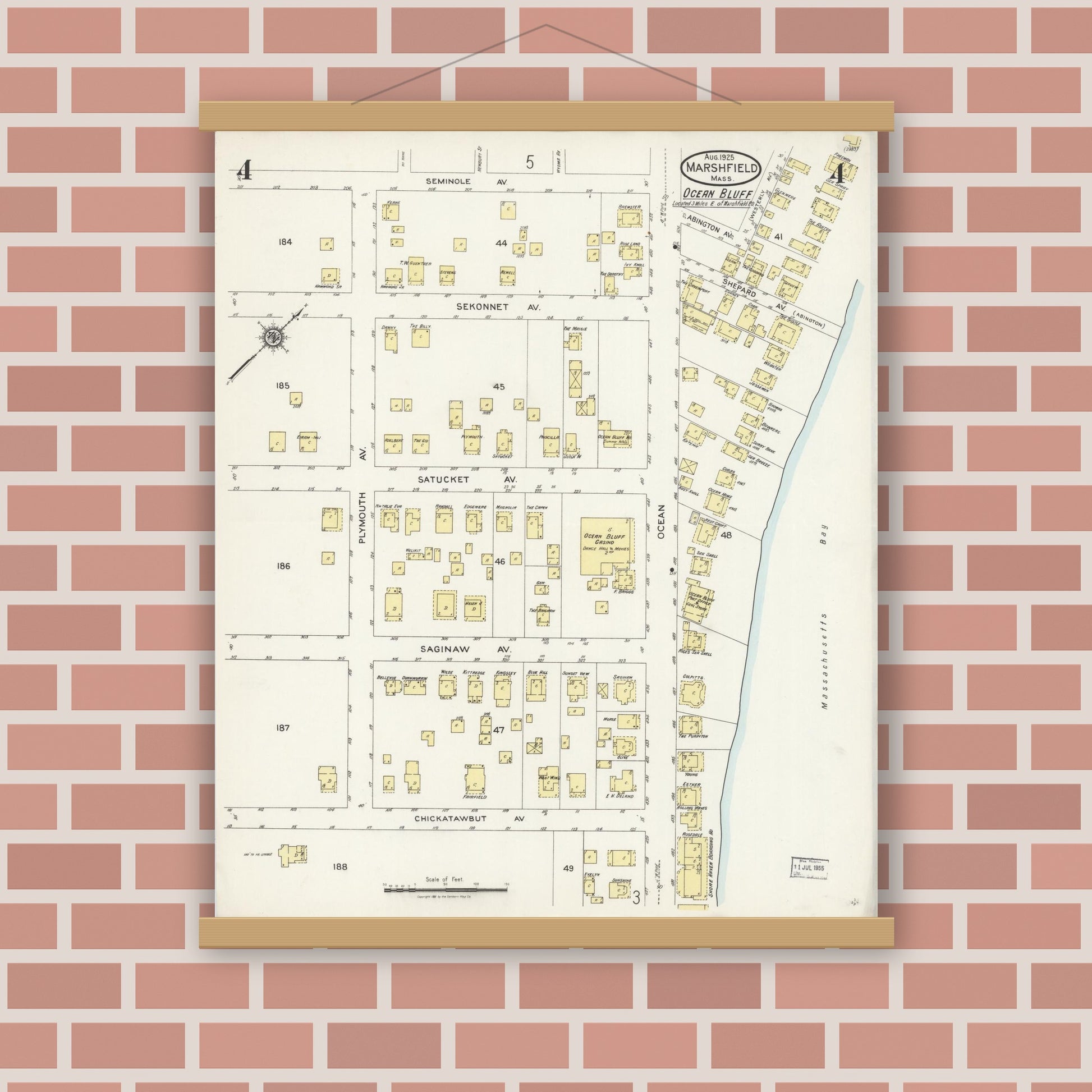 Old map wall art mockup — magnetic wood frame on brick wall — Sanborn Fire Insurance Map from Marshfield, Plymouth County, Massachusetts (1925), Sheet #0004