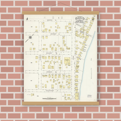 Old map wall art mockup — magnetic wood frame on brick wall — Sanborn Fire Insurance Map from Marshfield, Plymouth County, Massachusetts (1925), Sheet #0004