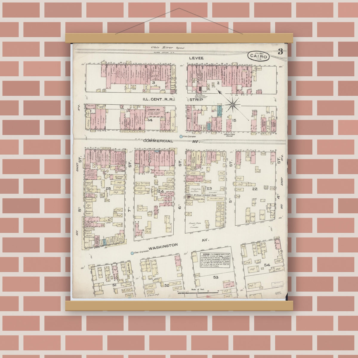 Old map wall art mockup — magnetic wood frame on brick wall — Sanborn Fire Insurance Map from Cairo, Alexander County, Illinois (1885), Sheet #0003
