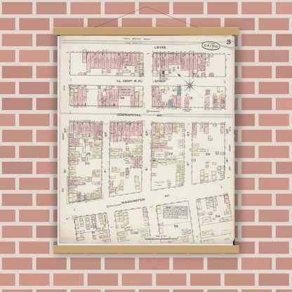 Old map wall art mockup — magnetic wood frame on brick wall — Sanborn Fire Insurance Map from Cairo, Alexander County, Illinois (1885), Sheet #0003