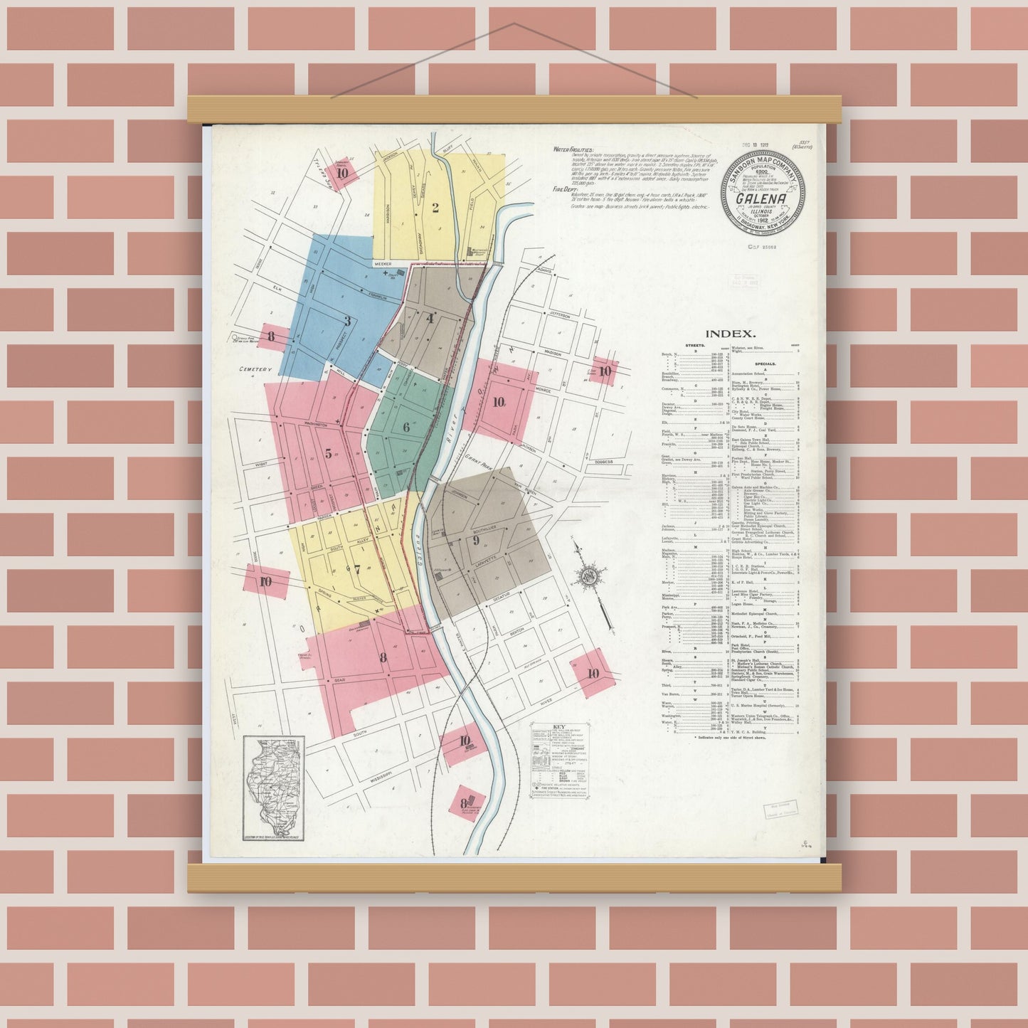 Old map wall art mockup — magnetic wood frame on brick wall — Sanborn Fire Insurance Map from Galena, Jo Daviess County, Illinois (1912) - Complete Map Set