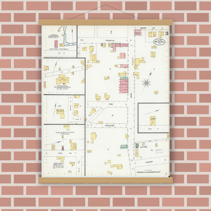 Old map wall art mockup — magnetic wood frame on brick wall — Sanborn Fire Insurance Map from Mount Airy, Surry County, North Carolina (1900), Sheet #0003