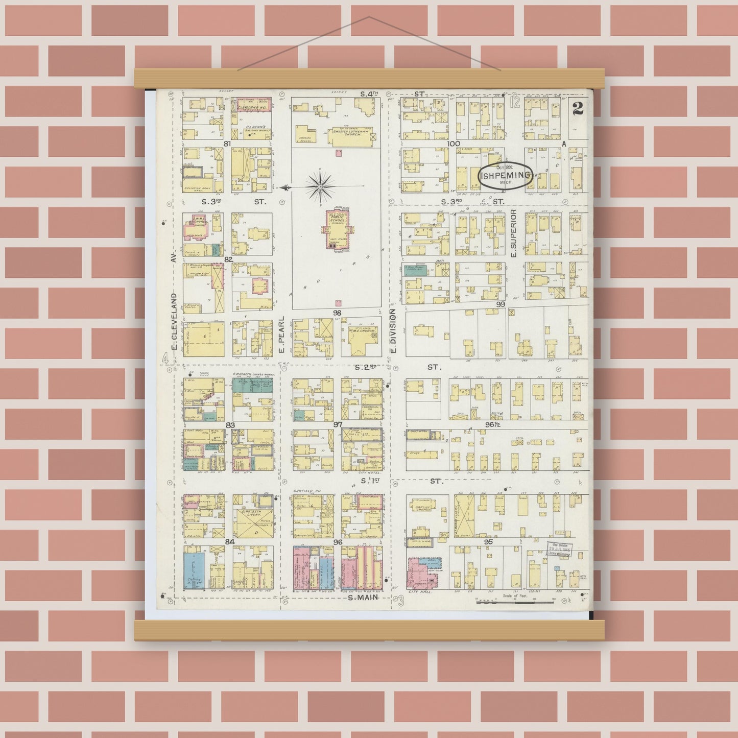 Old map wall art mockup — magnetic wood frame on brick wall — Sanborn Fire Insurance Map from Ishpeming, Marquette County, Michigan (1892), Sheet #0002