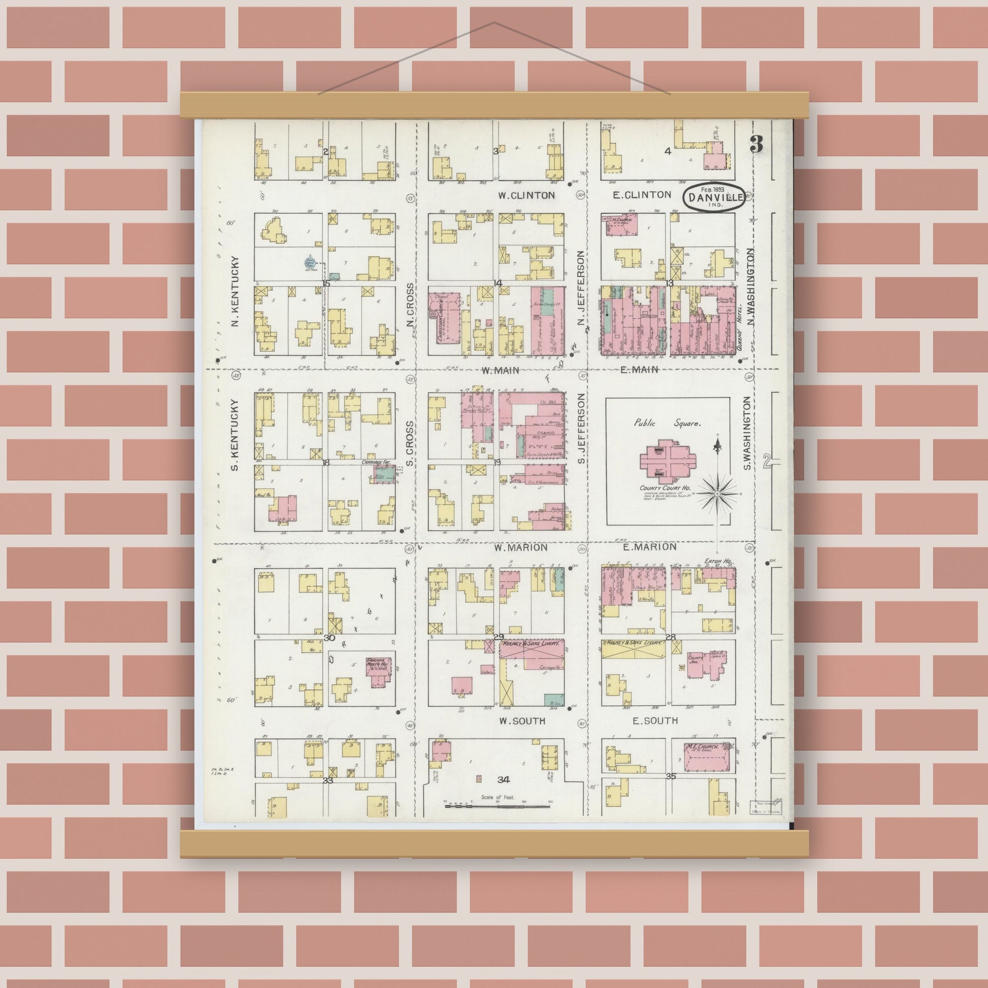 Old map wall art mockup — magnetic wood frame on brick wall — Sanborn Fire Insurance Map from Danville, Hendricks County, Indiana (1893), Sheet #0003