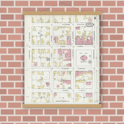 Old map wall art mockup — magnetic wood frame on brick wall — Sanborn Fire Insurance Map from Danville, Hendricks County, Indiana (1893), Sheet #0003