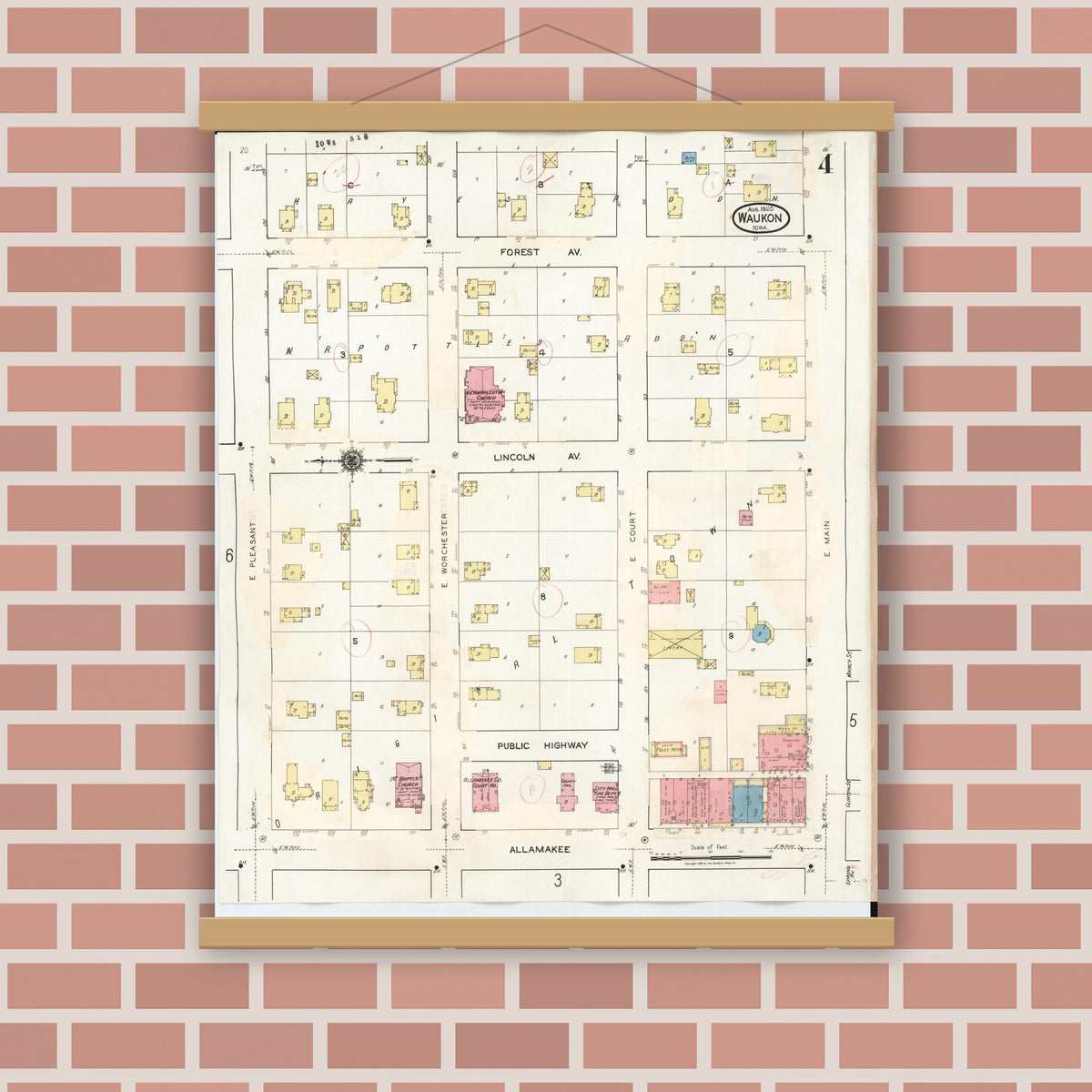Old map wall art mockup — magnetic wood frame on brick wall — Sanborn Fire Insurance Map from Waukon, Allamakee County, Iowa (1934), Sheet #0004
