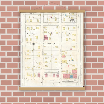 Old map wall art mockup — magnetic wood frame on brick wall — Sanborn Fire Insurance Map from Waukon, Allamakee County, Iowa (1934), Sheet #0004