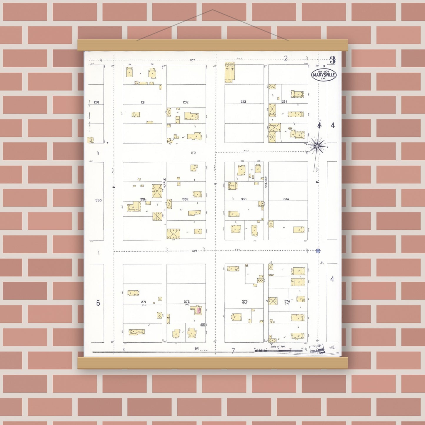 Old map wall art mockup — magnetic wood frame on brick wall — Sanborn Fire Insurance Map from Marysville, Yuba County, California (1909), Sheet #0003
