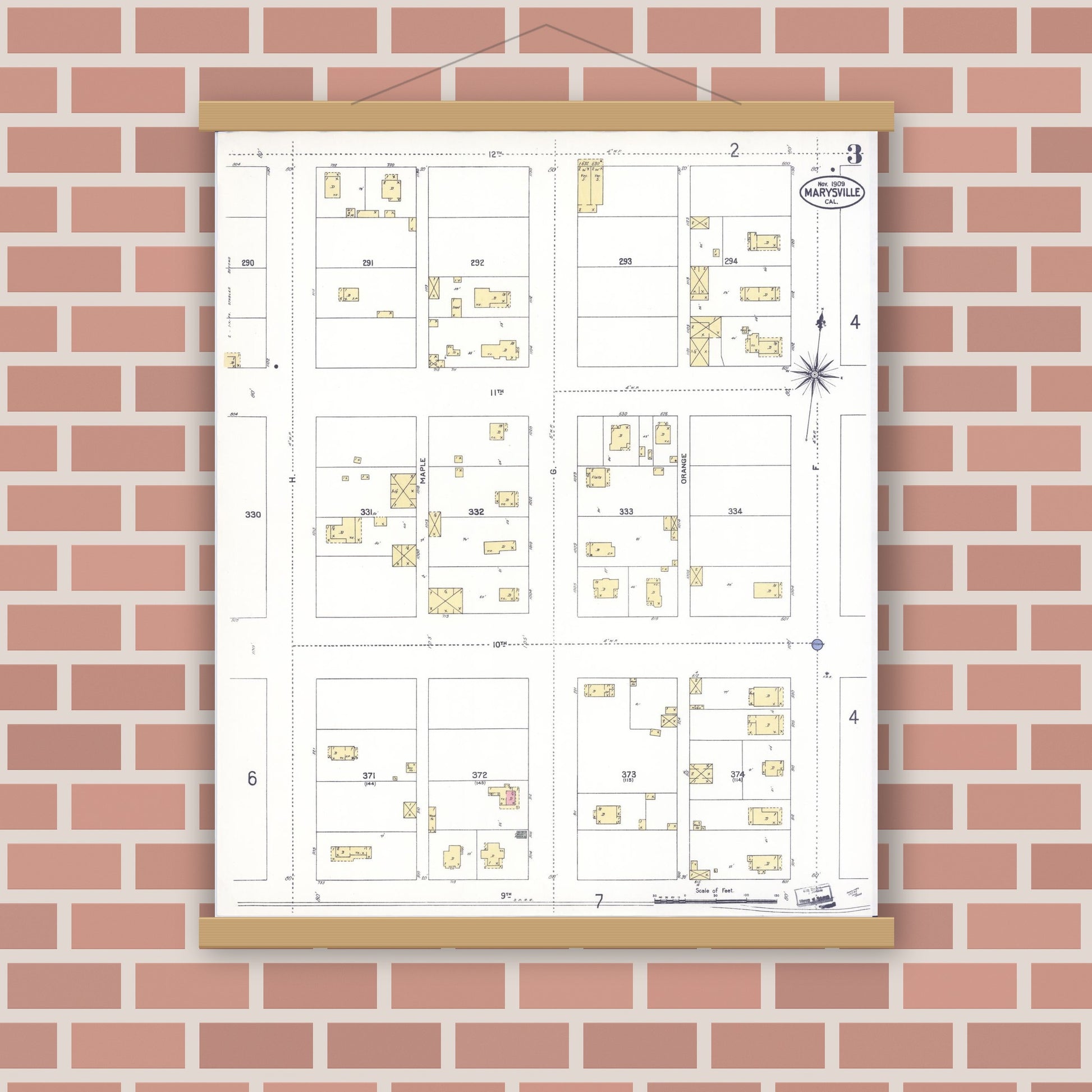 Old map wall art mockup — magnetic wood frame on brick wall — Sanborn Fire Insurance Map from Marysville, Yuba County, California (1909), Sheet #0003