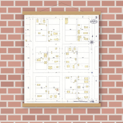 Old map wall art mockup — magnetic wood frame on brick wall — Sanborn Fire Insurance Map from Marysville, Yuba County, California (1909), Sheet #0003