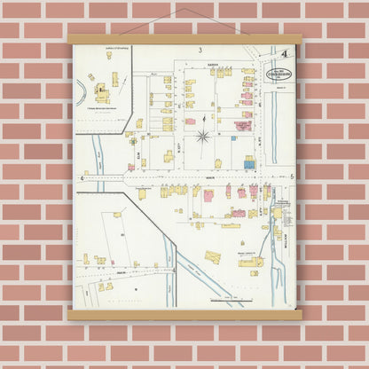 Old map wall art mockup — magnetic wood frame on brick wall — Sanborn Fire Insurance Map from Stroudsburg, Monroe County, Pennsylvania (1905), Sheet #0004