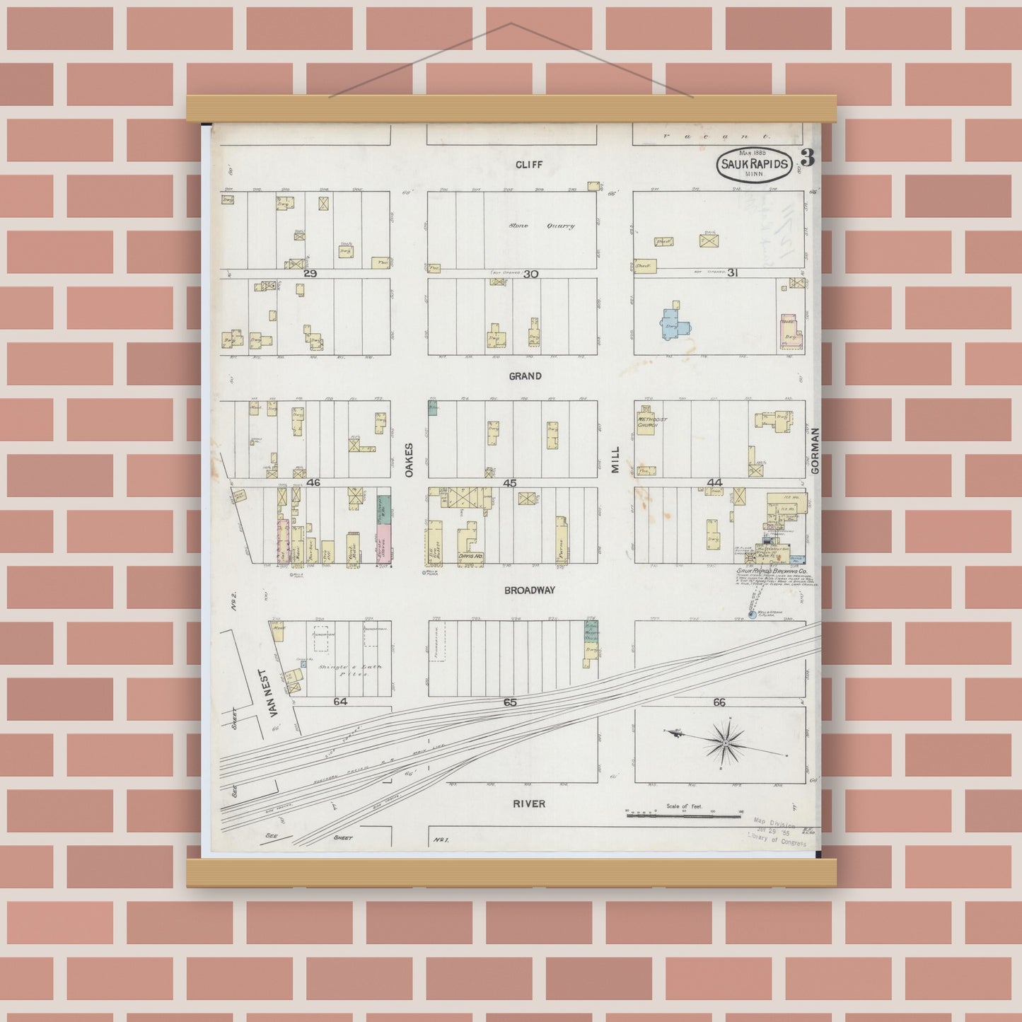 Old map wall art mockup — magnetic wood frame on brick wall — Sanborn Fire Insurance Map from Sauk Rapids, Benton County, Minnesota (1889), Sheet #0003