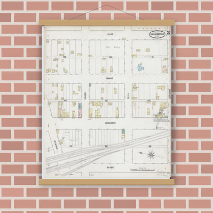 Old map wall art mockup — magnetic wood frame on brick wall — Sanborn Fire Insurance Map from Sauk Rapids, Benton County, Minnesota (1889), Sheet #0003
