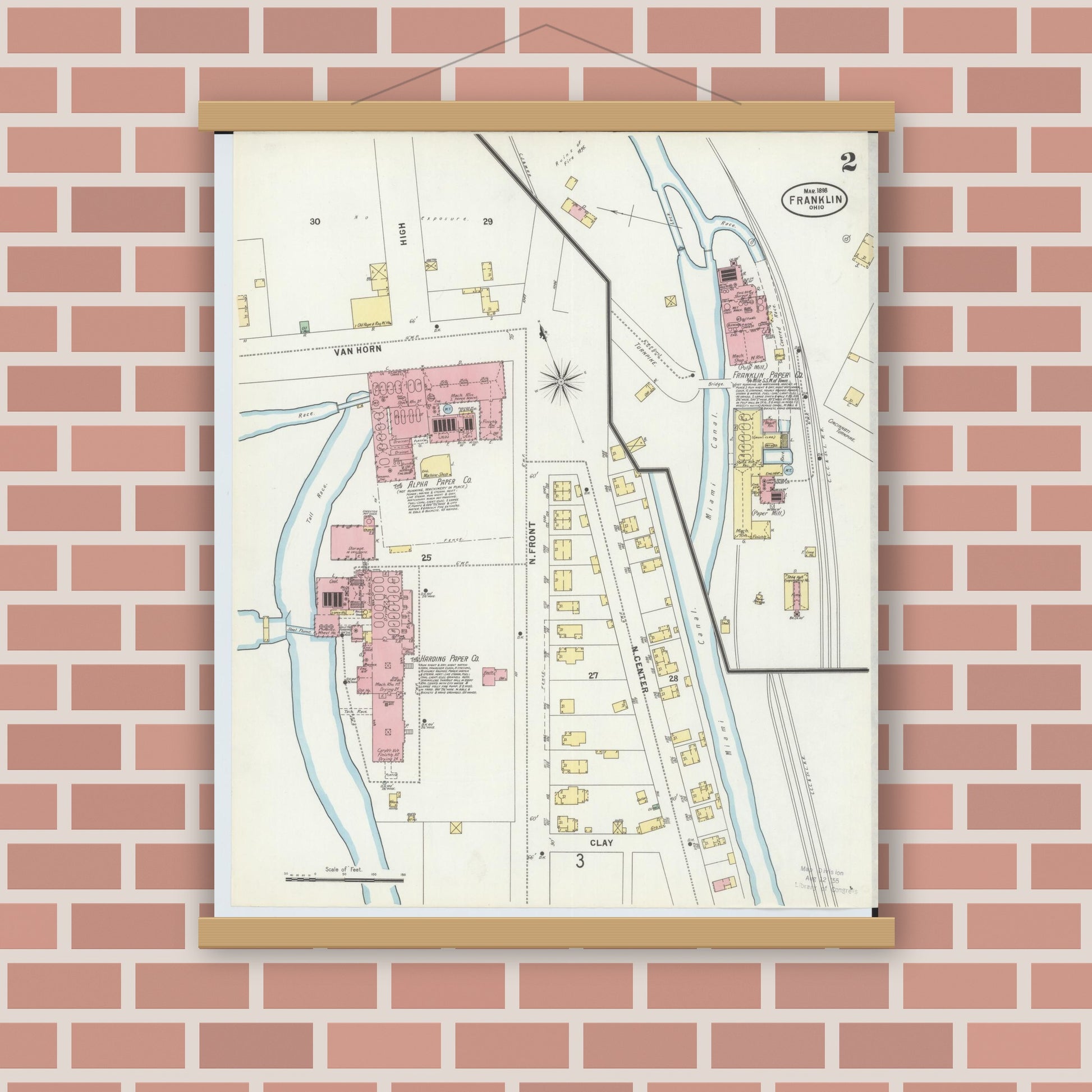 Old map wall art mockup — magnetic wood frame on brick wall — Sanborn Fire Insurance Map from Franklin, Warren County, Ohio (1898), Sheet #0002