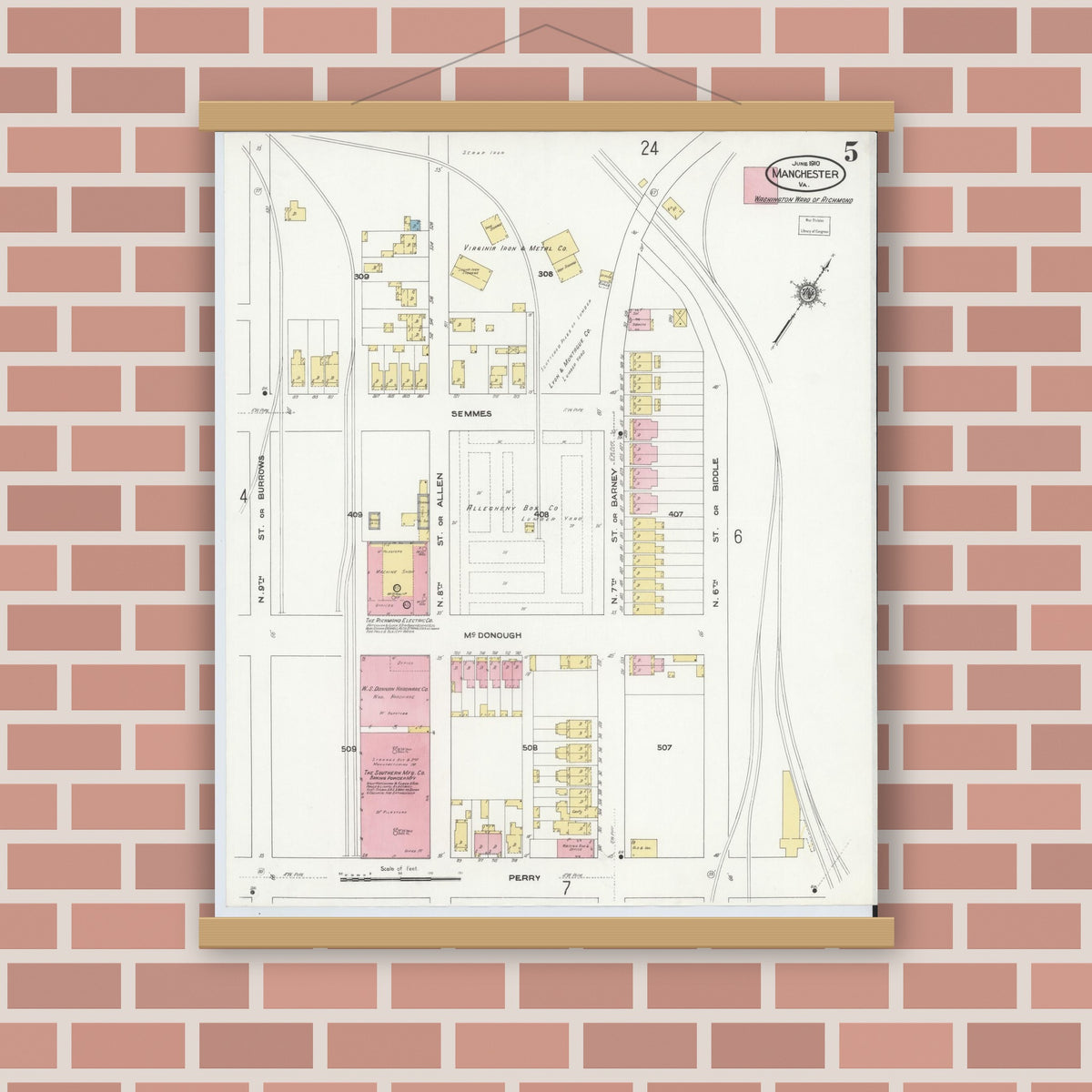 Old map wall art mockup — magnetic wood frame on brick wall — Sanborn Fire Insurance Map from Manchester, Chesterfield County, Virginia (1910), Sheet #0005