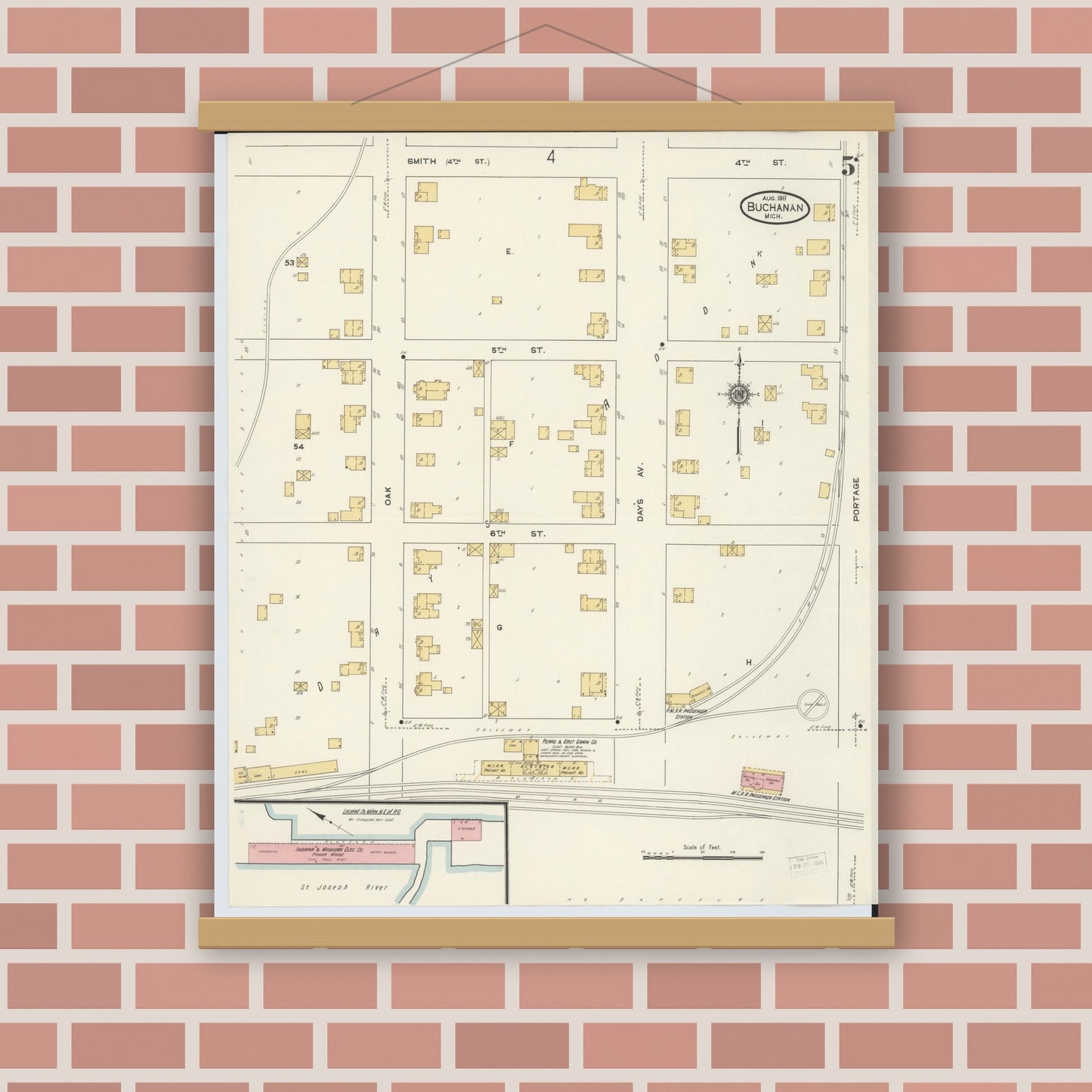 Old map wall art mockup — magnetic wood frame on brick wall — Sanborn Fire Insurance Map from Buchanan, Berrien County, Michigan (1911), Sheet #0005