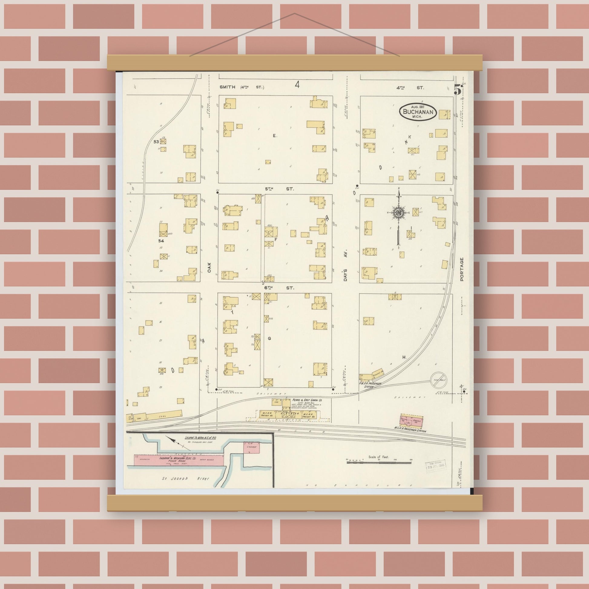 Old map wall art mockup — magnetic wood frame on brick wall — Sanborn Fire Insurance Map from Buchanan, Berrien County, Michigan (1911), Sheet #0005
