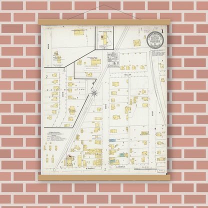 Old map wall art mockup — magnetic wood frame on brick wall — Sanborn Fire Insurance Map from Rosedale, Parke County, Indiana (1907) - Complete Map Set