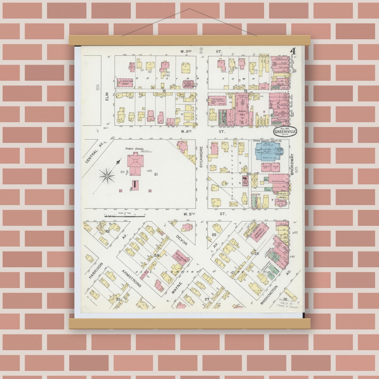 Old map wall art mockup — magnetic wood frame on brick wall — Sanborn Fire Insurance Map from Greenville, Darke County, Ohio (1892), Sheet #0004