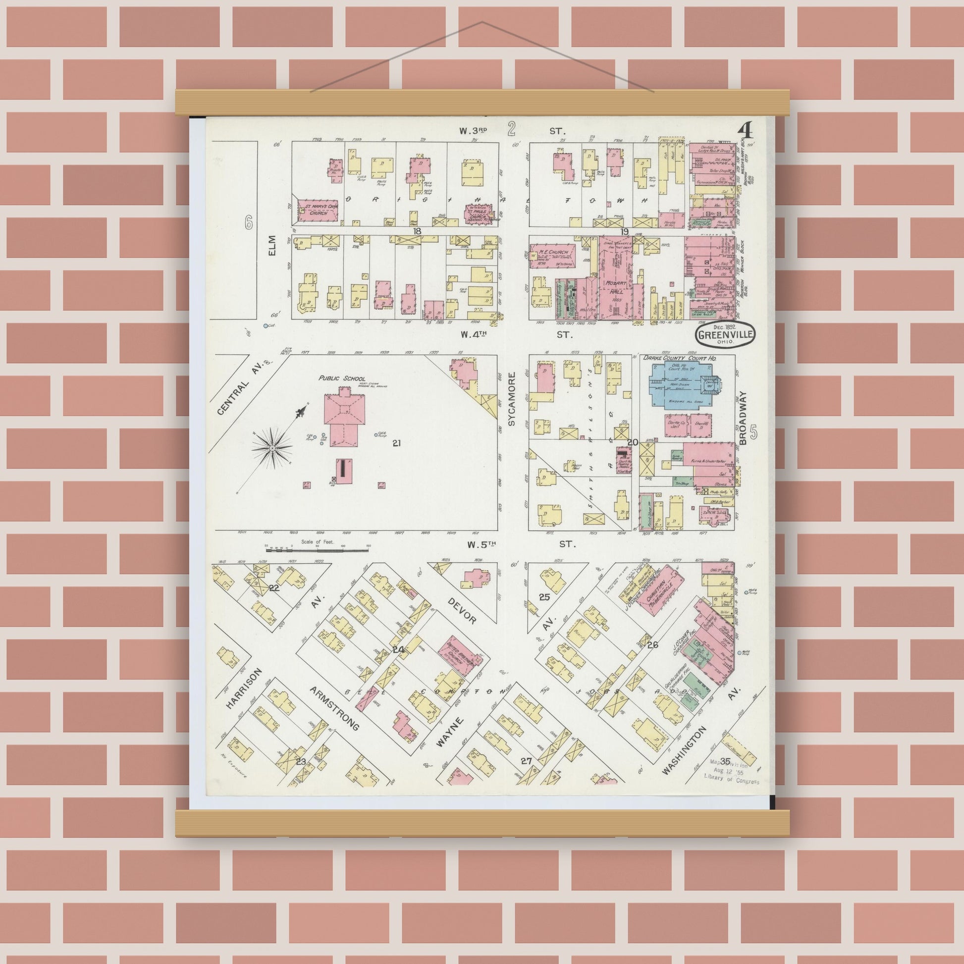Old map wall art mockup — magnetic wood frame on brick wall — Sanborn Fire Insurance Map from Greenville, Darke County, Ohio (1892), Sheet #0004