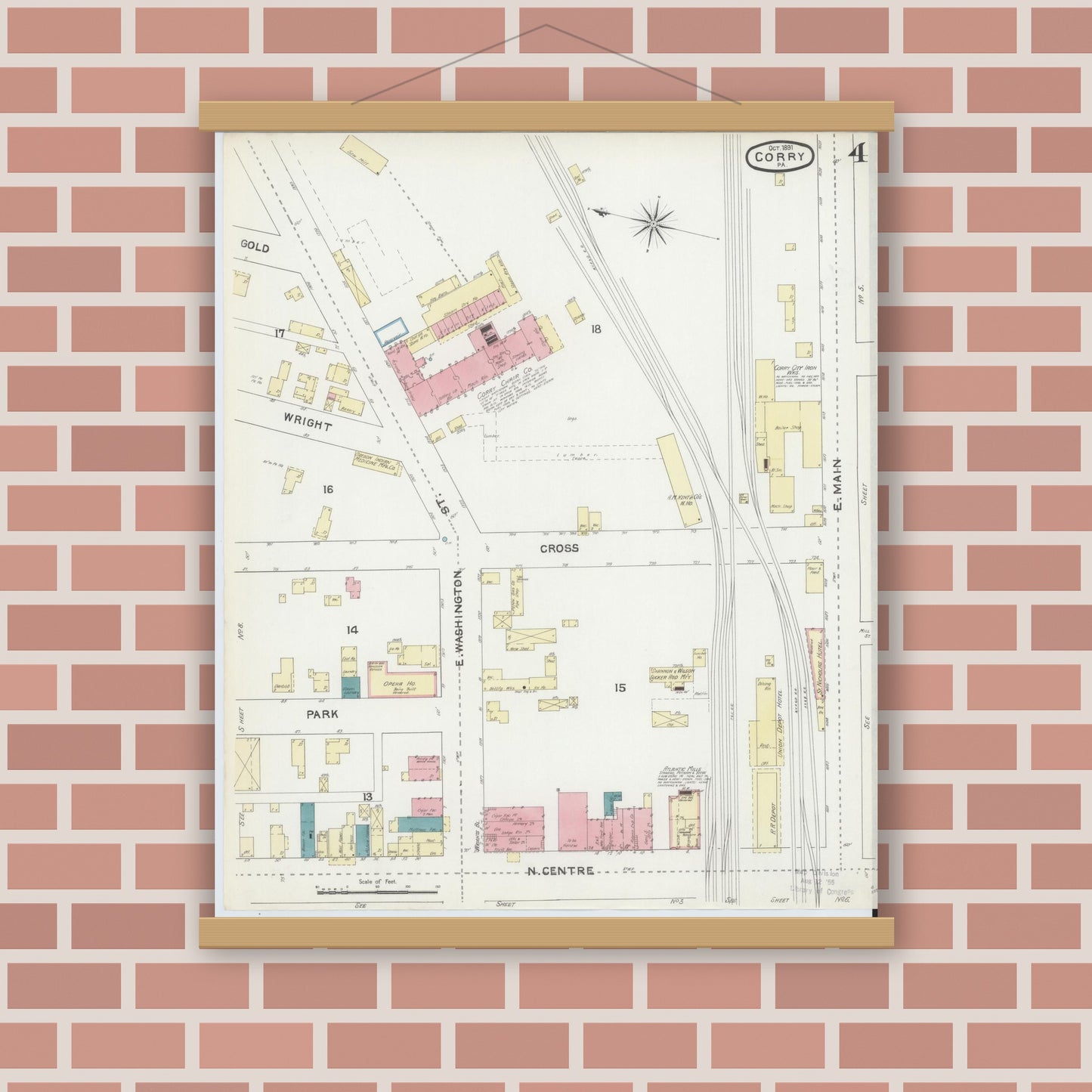 Old map wall art mockup — magnetic wood frame on brick wall — Sanborn Fire Insurance Map from Corry, Erie County, Pennsylvania (1891), Sheet #0004