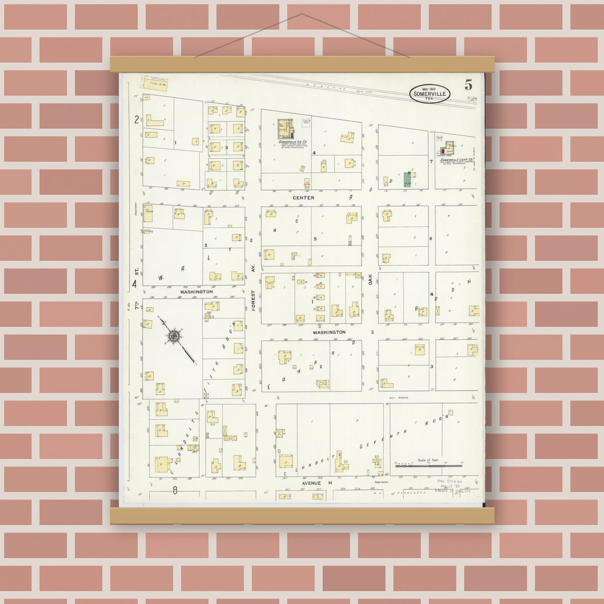 Old map wall art mockup — magnetic wood frame on brick wall — Sanborn Fire Insurance Map from Somerville, Burleson County, Texas (1910), Sheet #0005