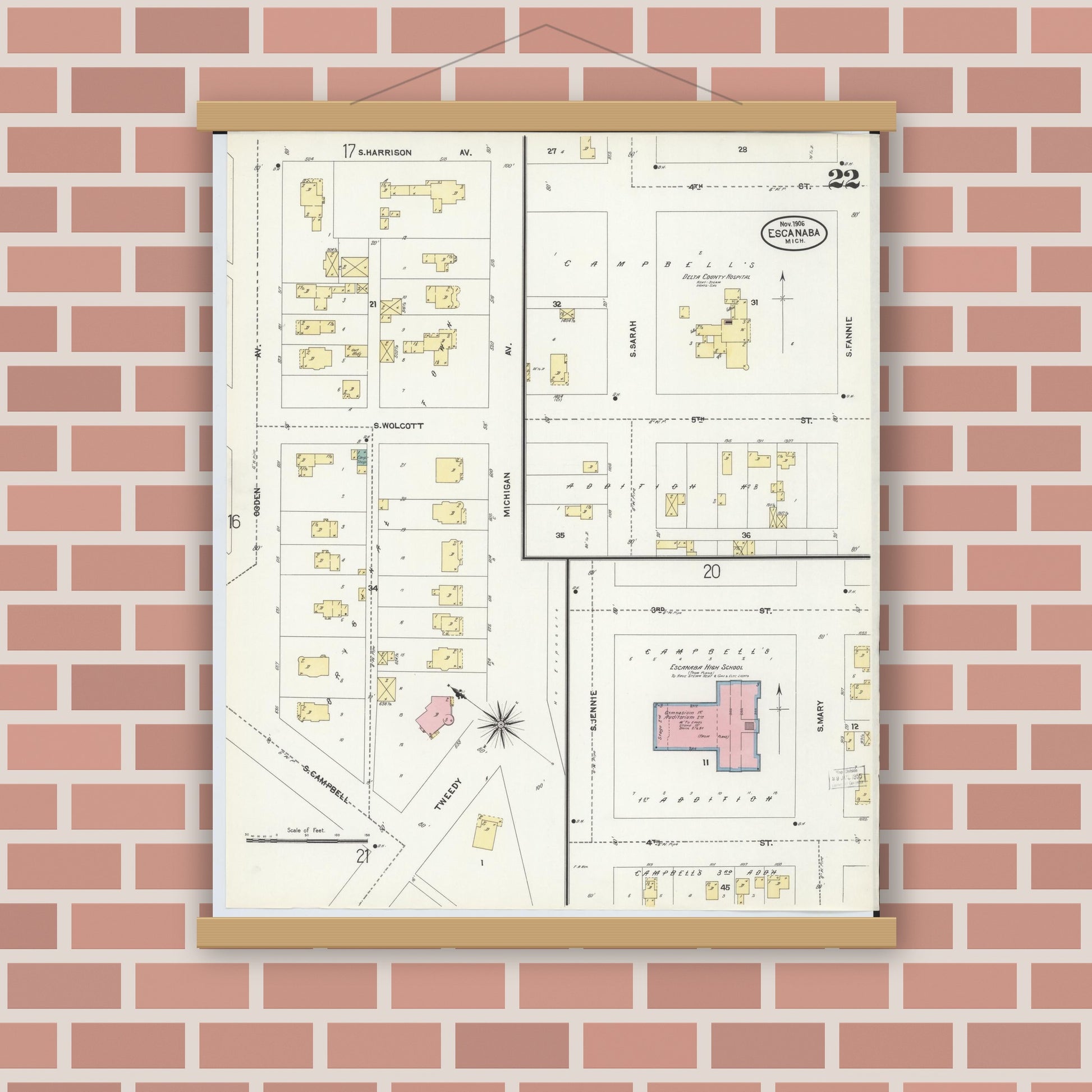 Old map wall art mockup — magnetic wood frame on brick wall — Sanborn Fire Insurance Map from Escanaba, Delta County, Michigan (1906), Sheet #0022