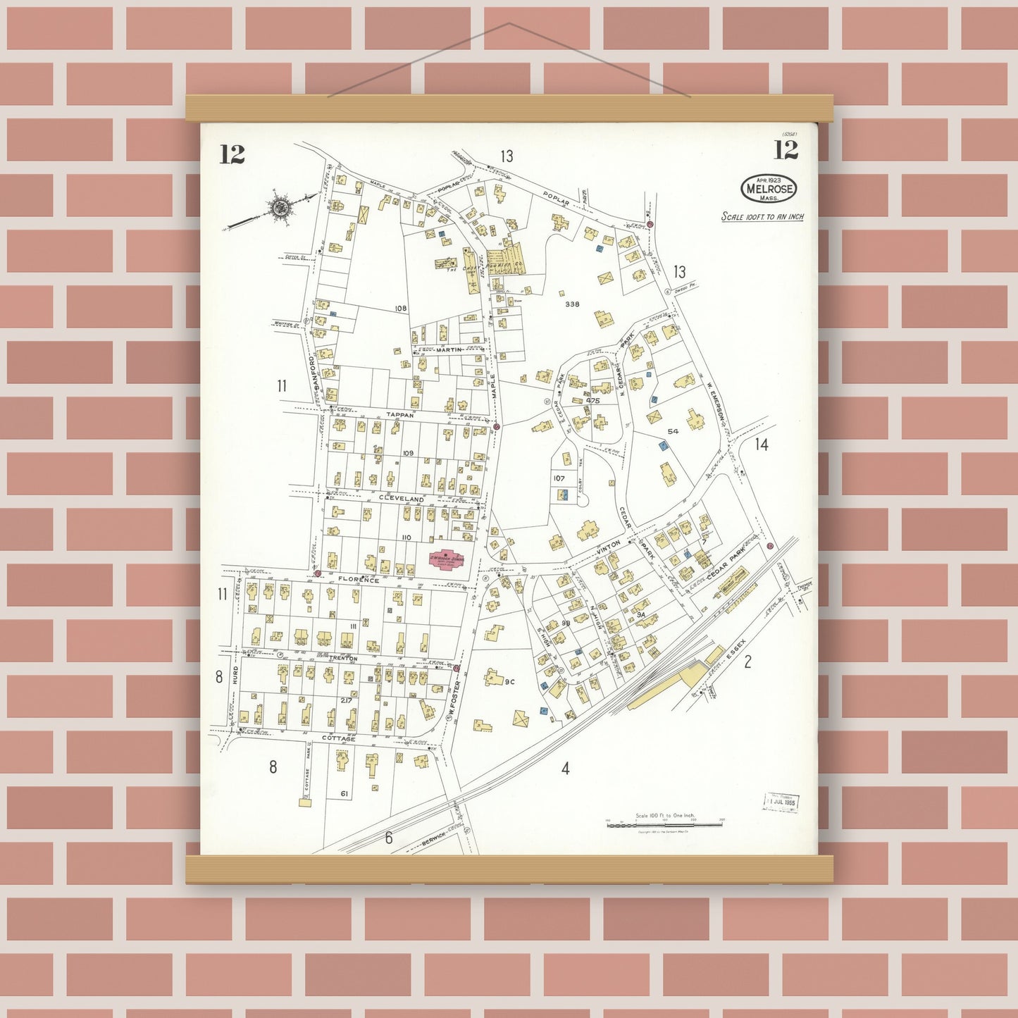 Old map wall art mockup — magnetic wood frame on brick wall — Sanborn Fire Insurance Map from Melrose, Middlesex County, Massachusetts (1923), Sheet #0012