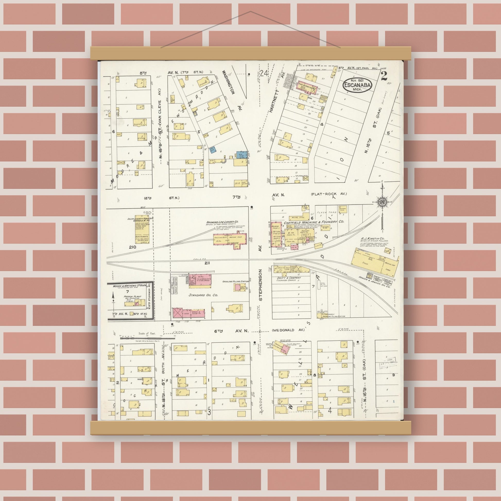 Old map wall art mockup — magnetic wood frame on brick wall — Sanborn Fire Insurance Map from Escanaba, Delta County, Michigan (1921), Sheet #0002