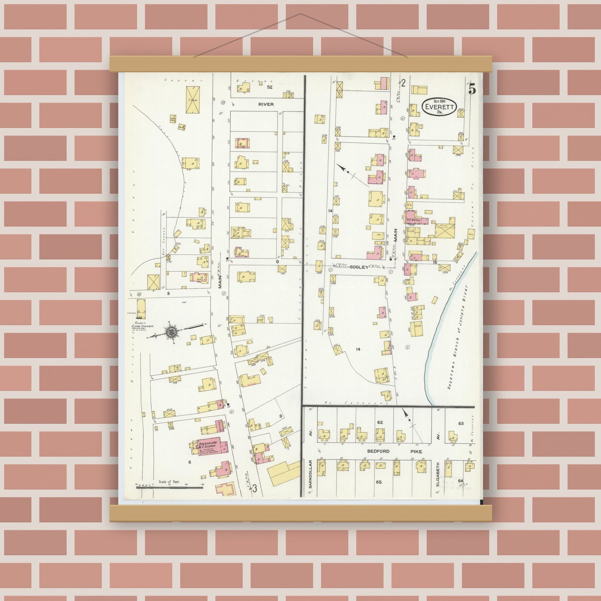 Old map wall art mockup — magnetic wood frame on brick wall — Sanborn Fire Insurance Map from Everett, Bedford County, Pennsylvania (1910), Sheet #0005