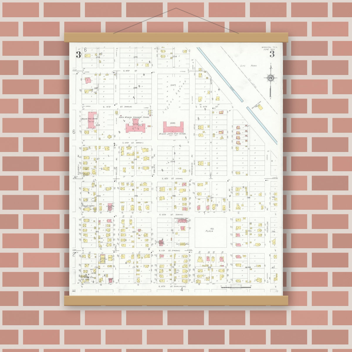 Old map wall art mockup — magnetic wood frame on brick wall — Sanborn Fire Insurance Map from Mission, Hidalgo County, Texas (1933), Sheet #0003