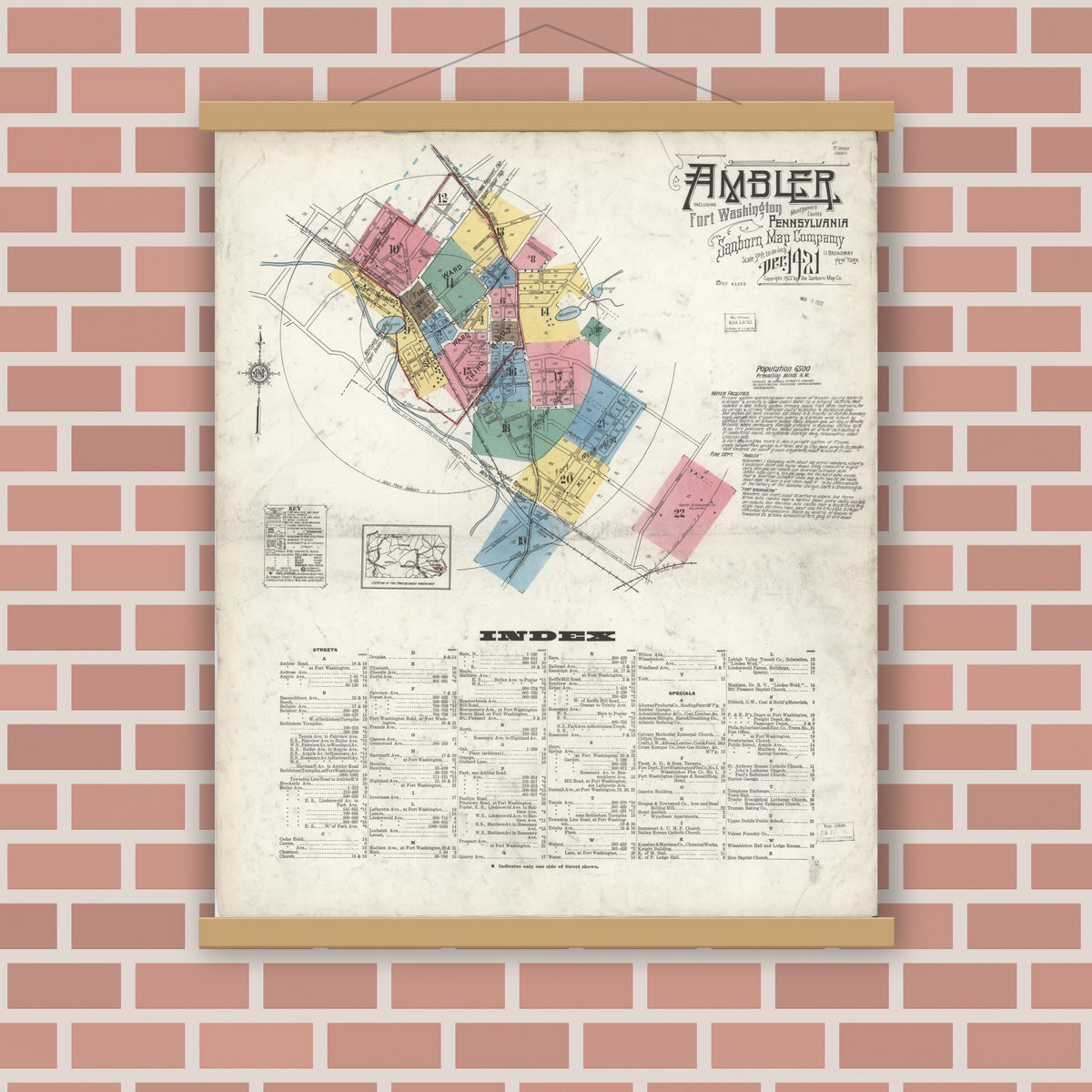 Old map wall art mockup — magnetic wood frame on brick wall — Sanborn Fire Insurance Map from Ambler, Montgomery County, Pennsylvania (1921), Sheet #0001