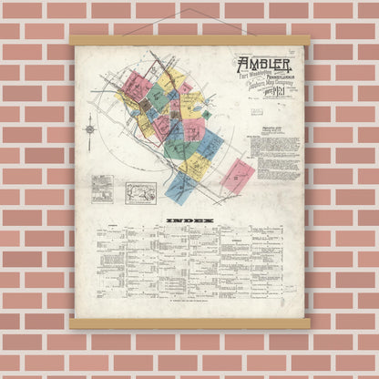 Old map wall art mockup — magnetic wood frame on brick wall — Sanborn Fire Insurance Map from Ambler, Montgomery County, Pennsylvania (1921), Sheet #0001