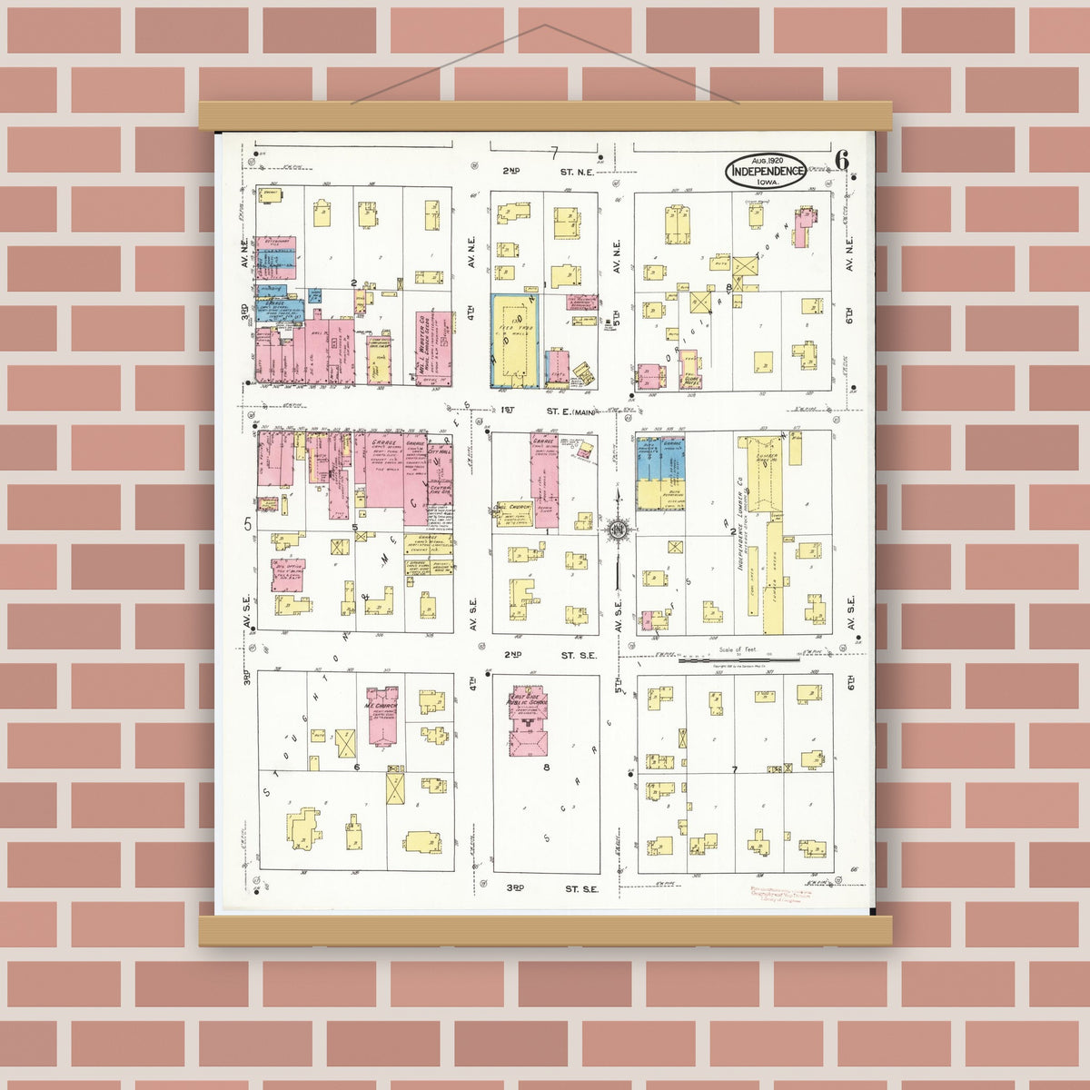 Old map wall art mockup — magnetic wood frame on brick wall — Sanborn Fire Insurance Map from Independence, Buchanan County, Iowa (1920), Sheet #0006
