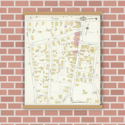 Old map wall art mockup — magnetic wood frame on brick wall — Sanborn Fire Insurance Map from Natick, Middlesex County, Massachusetts (1915), Sheet #0009