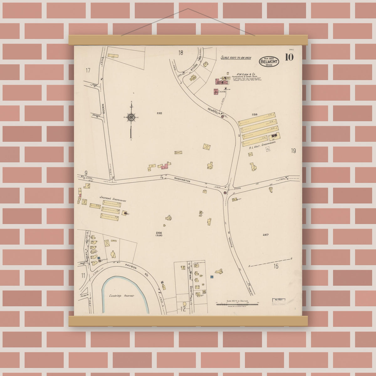 Old map wall art mockup — magnetic wood frame on brick wall — Sanborn Fire Insurance Map from Belmont, Middlesex County, Massachusetts (1922), Sheet #0010
