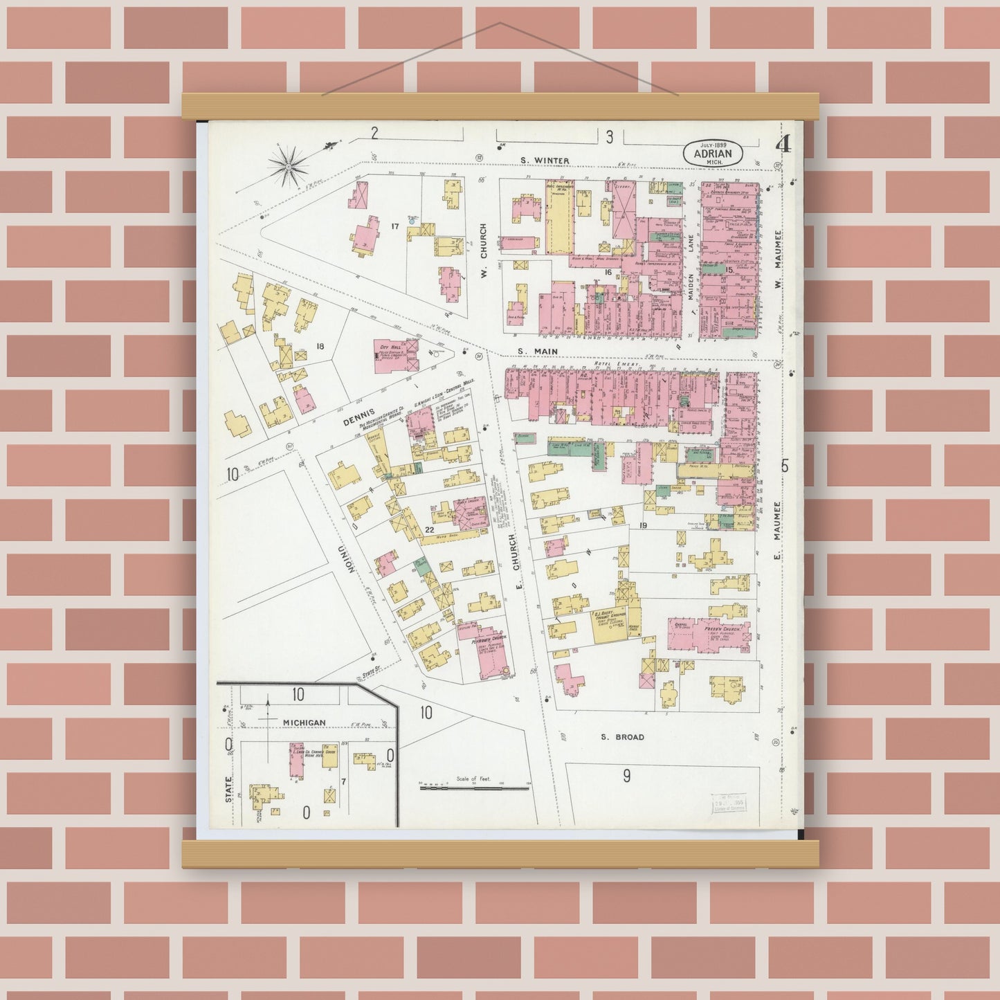 Old map wall art mockup — magnetic wood frame on brick wall — Sanborn Fire Insurance Map from Adrian, Lenawee County, Michigan (1899), Sheet #0004