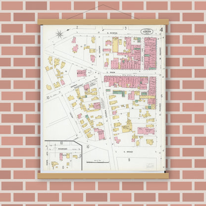 Old map wall art mockup — magnetic wood frame on brick wall — Sanborn Fire Insurance Map from Adrian, Lenawee County, Michigan (1899), Sheet #0004
