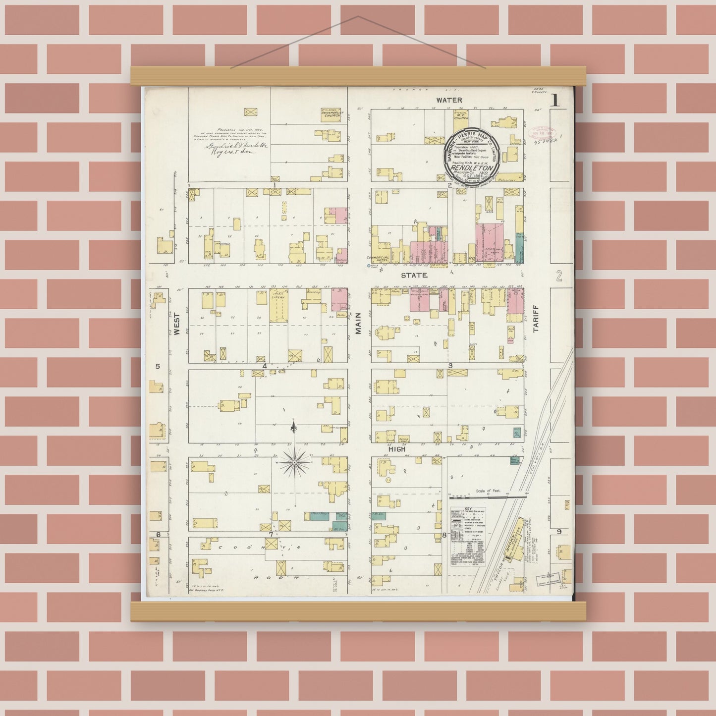 Old map wall art mockup — magnetic wood frame on brick wall — Sanborn Fire Insurance Map from Pendleton, Madison County, Indiana (1892) - Complete Map Set