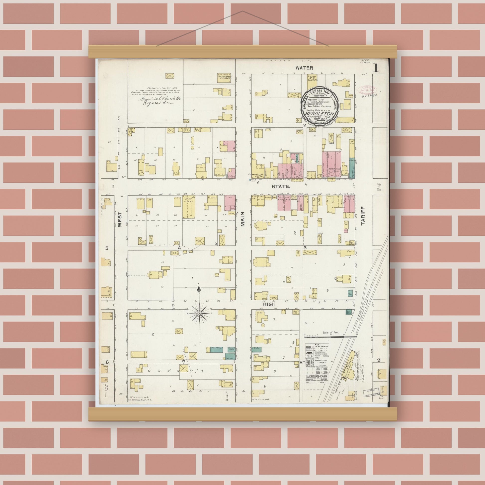 Old map wall art mockup — magnetic wood frame on brick wall — Sanborn Fire Insurance Map from Pendleton, Madison County, Indiana (1892) - Complete Map Set
