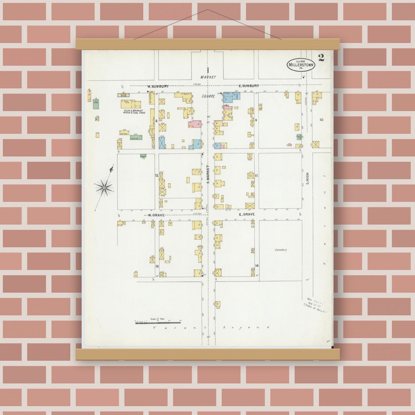Old map wall art mockup — magnetic wood frame on brick wall — Sanborn Fire Insurance Map from Millerstown, Perry County, Pennsylvania (1899), Sheet #0002