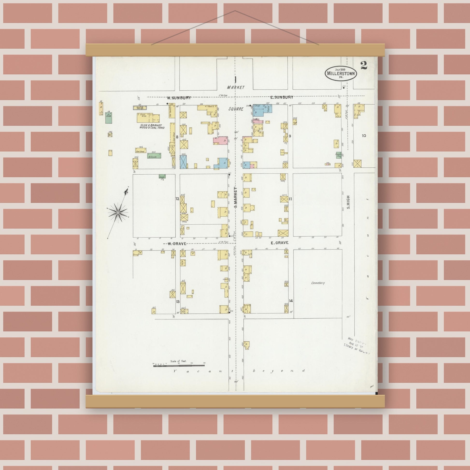 Old map wall art mockup — magnetic wood frame on brick wall — Sanborn Fire Insurance Map from Millerstown, Perry County, Pennsylvania (1899), Sheet #0002