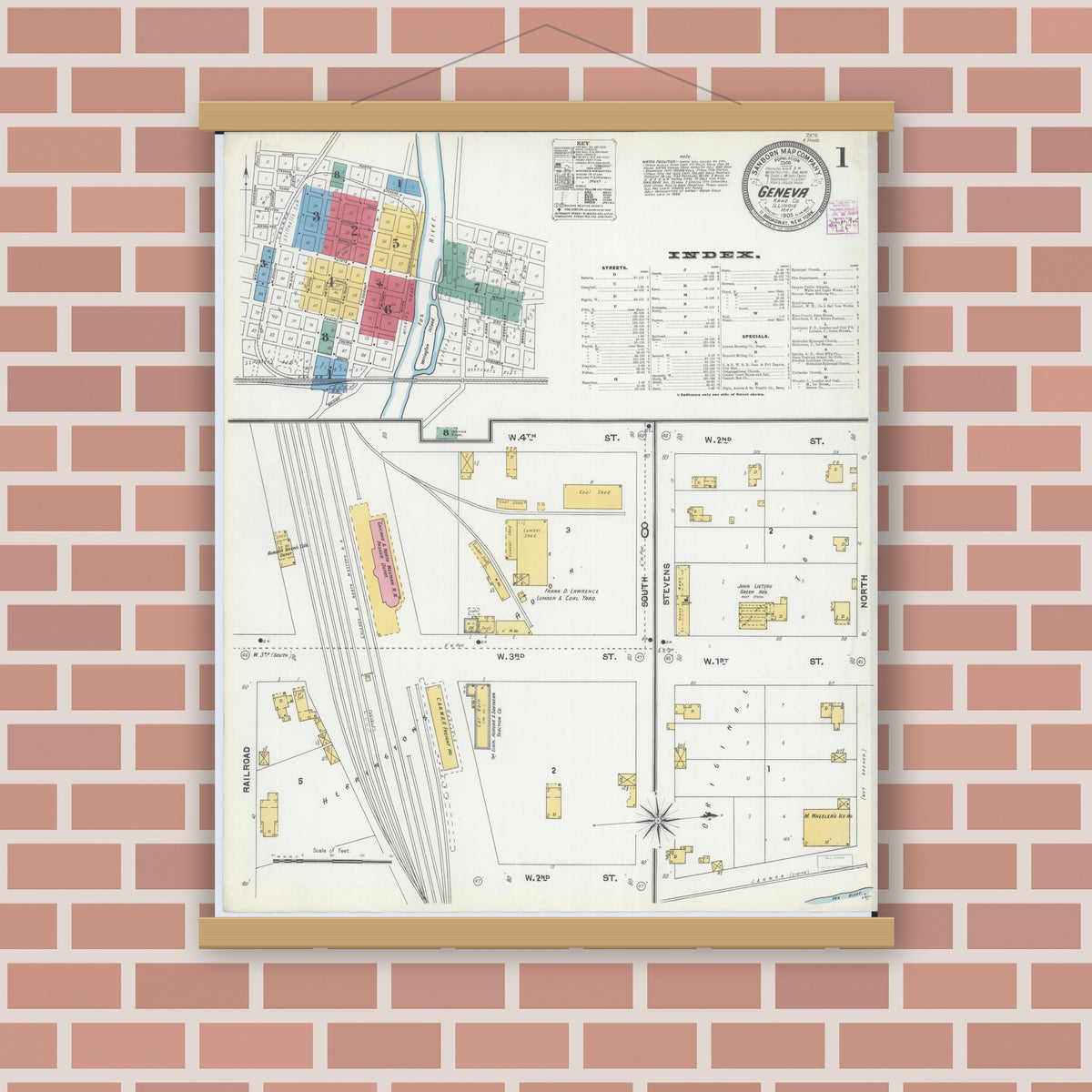 Old map wall art mockup — magnetic wood frame on brick wall — Sanborn Fire Insurance Map from Geneva, Kane County, Illinois (1905), Sheet #0001