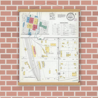 Old map wall art mockup — magnetic wood frame on brick wall — Sanborn Fire Insurance Map from Geneva, Kane County, Illinois (1905), Sheet #0001