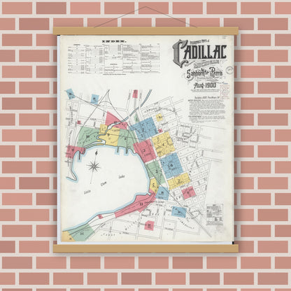 Old map wall art mockup — magnetic wood frame on brick wall — Sanborn Fire Insurance Map from Cadillac, Wexford County, Michigan (1900) - Complete Map Set